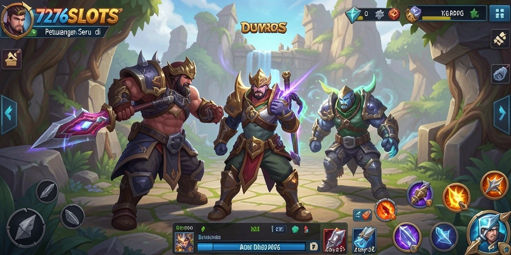 Screenshot gameplay <strong>7276SLOTS</strong> menunjukkan pertarungan seru dan karakter yang menonjol.