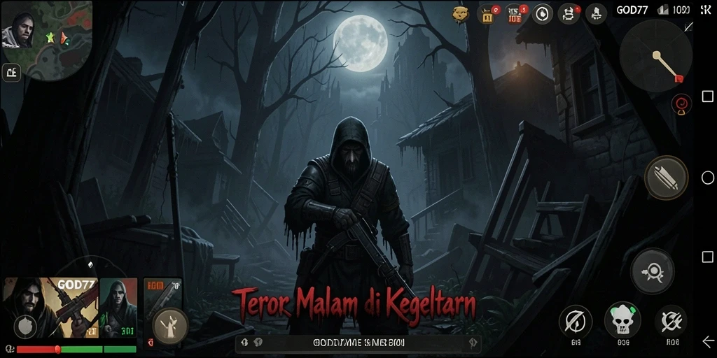 Tangkapan layar gameplay <strong>GOD77</strong> menampilkan suasana horror yang mencekam.