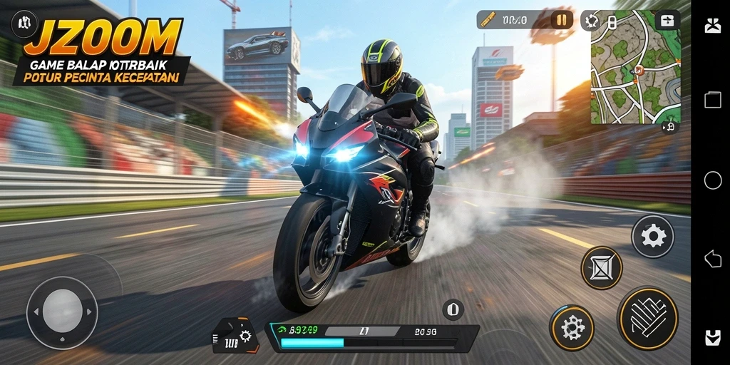 Screenshot J200M menampilkan aksi balap motor yang seru.