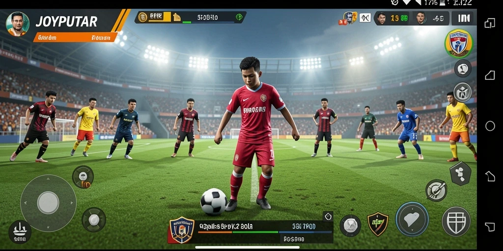 Tampilan gameplay JOYPUTAR dengan aksi sepak bola seru.
