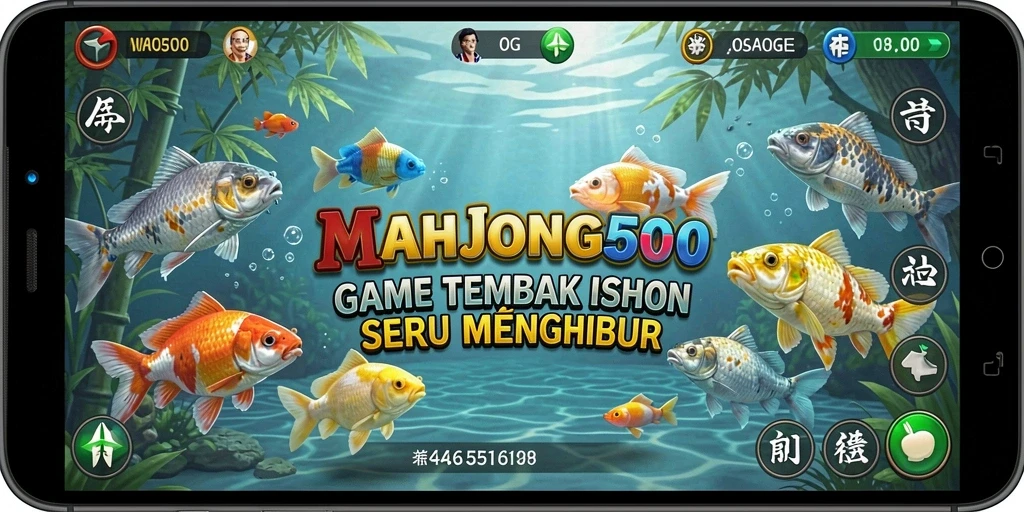 Tampilan gameplay seru dari MAHJONG500 dengan berbagai ikan yang menunggu untuk ditangkap.
