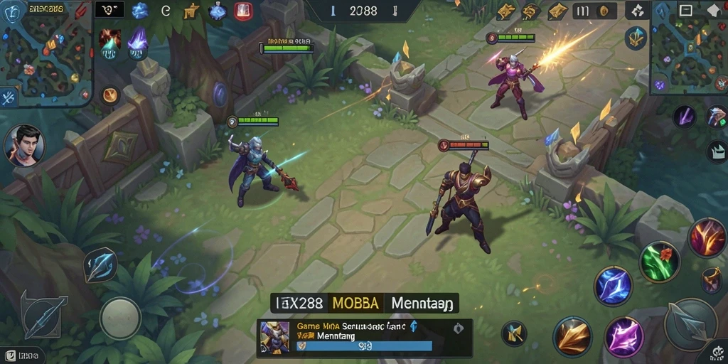 Tampilan gameplay NEX288 dengan aksi seru di arena MOBA.