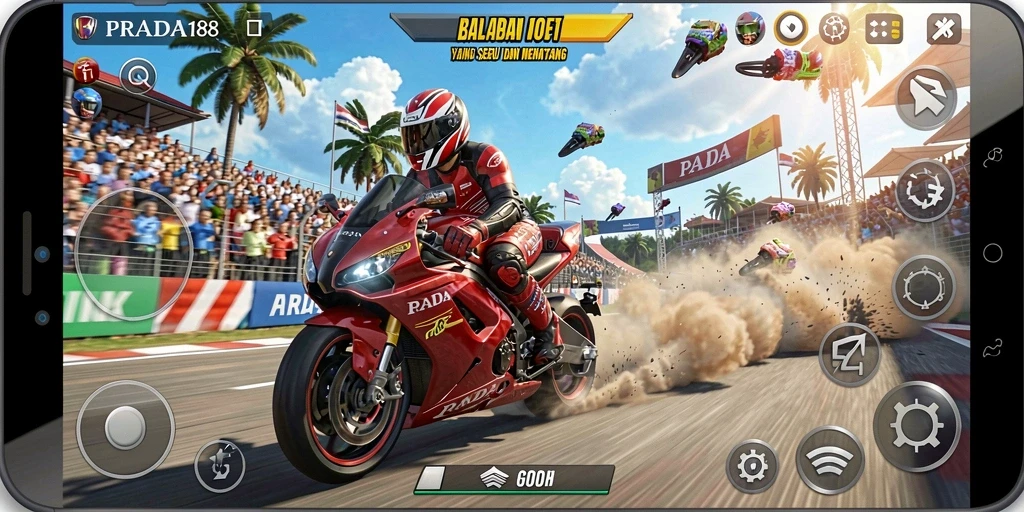 Screenshot PRADA188 menampilkan momen balapan seru dengan motor yang melaju kencang.