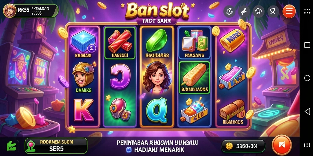 Screenshot RK55 menampilkan gameplay Slot dengan efek menarik dan kemenangan besar.