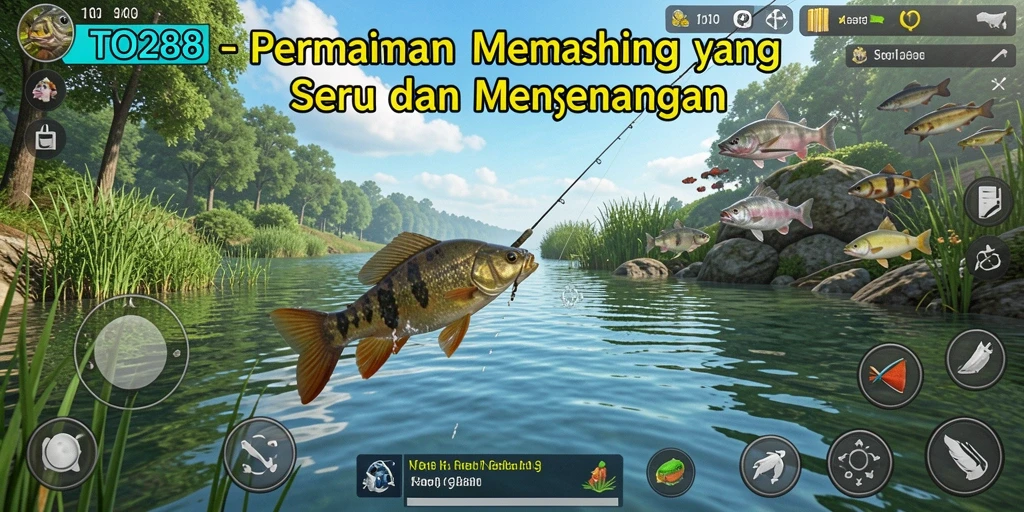 Screenshot gameplay TO288 menunjukkan pemain menangkap ikan di danau yang indah.